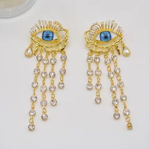 Gold and Blue Eye Dangle Earrings